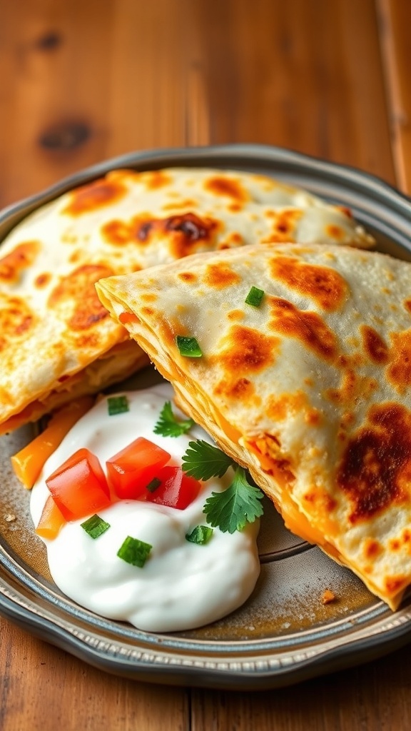 Cheesy Chicken Quesadilla Recipe Cheesy chicken quesadilla cut into wedges with bell peppers, served with sour cream and salsa on a wooden table.